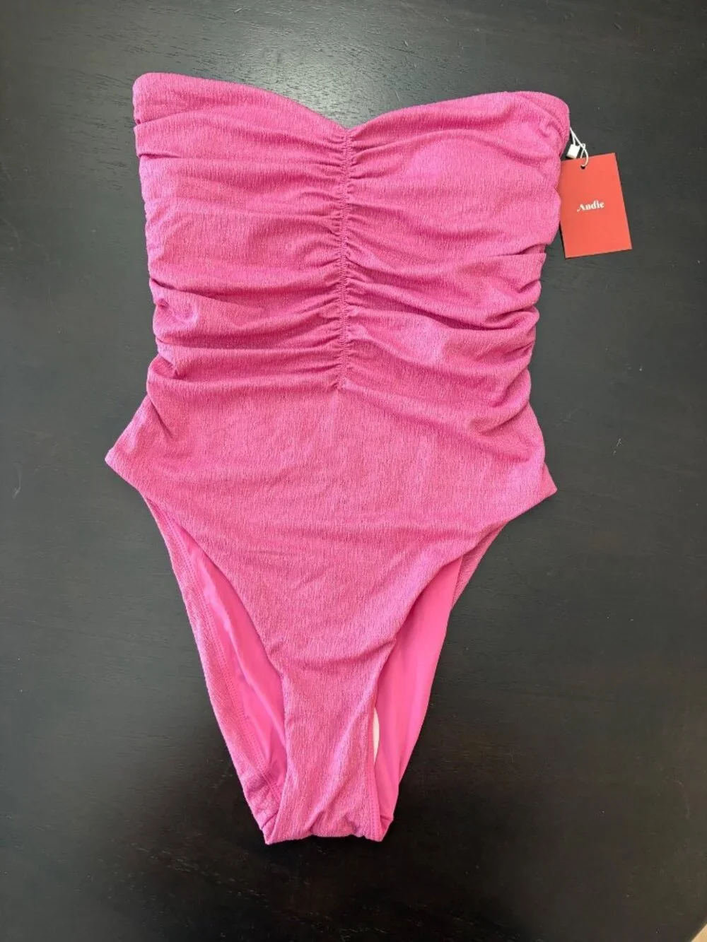 NEW Andie Pana One-Piece Strapless Ruched Pink Sparkly Swimsuit Small Beach